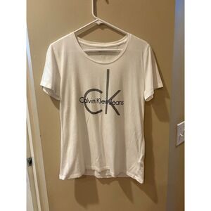 Calvin Klein Jeans Womens White Graphic Logo Scoop Neck Short Sleeve T-Shirt M